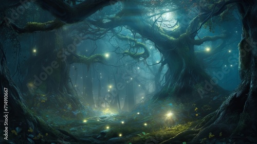 A painting of a forest filled with fireflies
