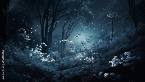 A painting of a forest at night with fireflies © Georgii