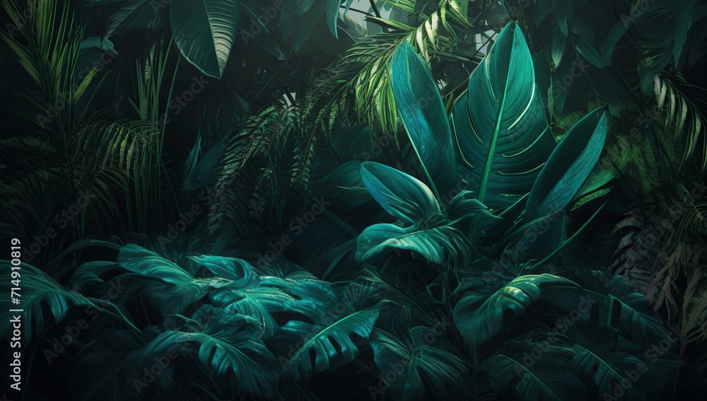 A painting of a jungle with lots of green plants