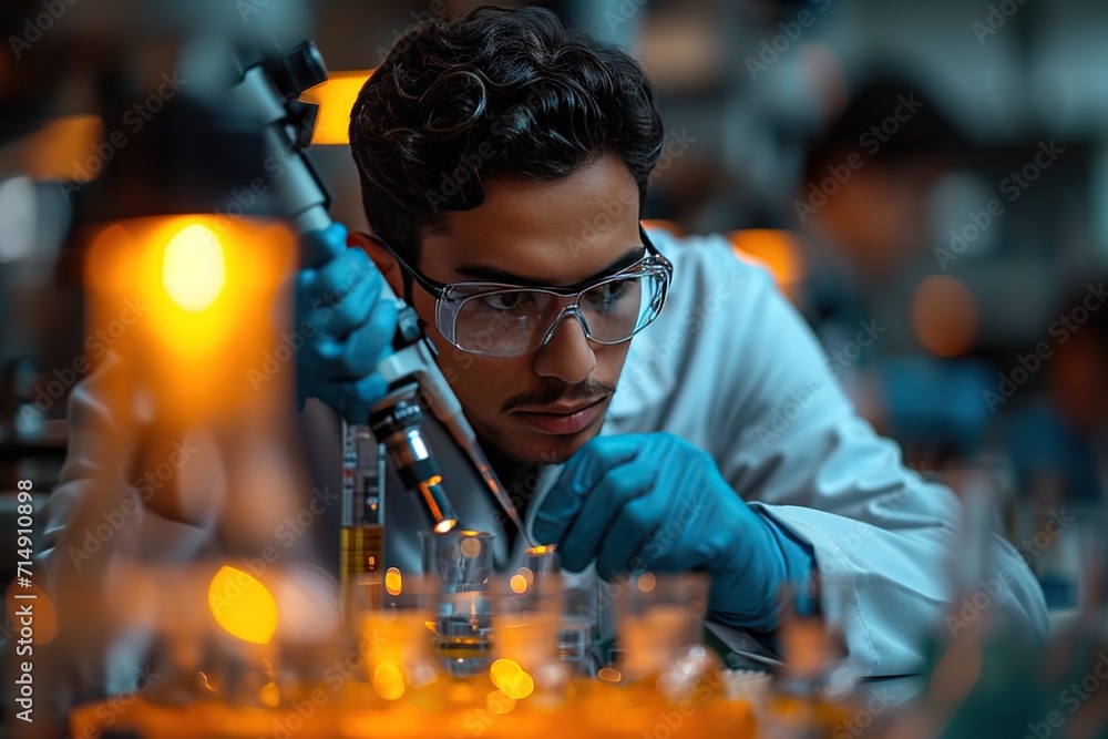 Focused male scientist examining sample in laboratory. Focused male scientist examining sample in laboratory.