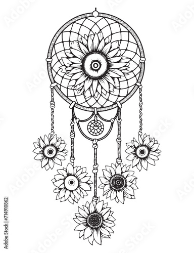 Dream catcher vector doodle illustration. Coloring page for adults