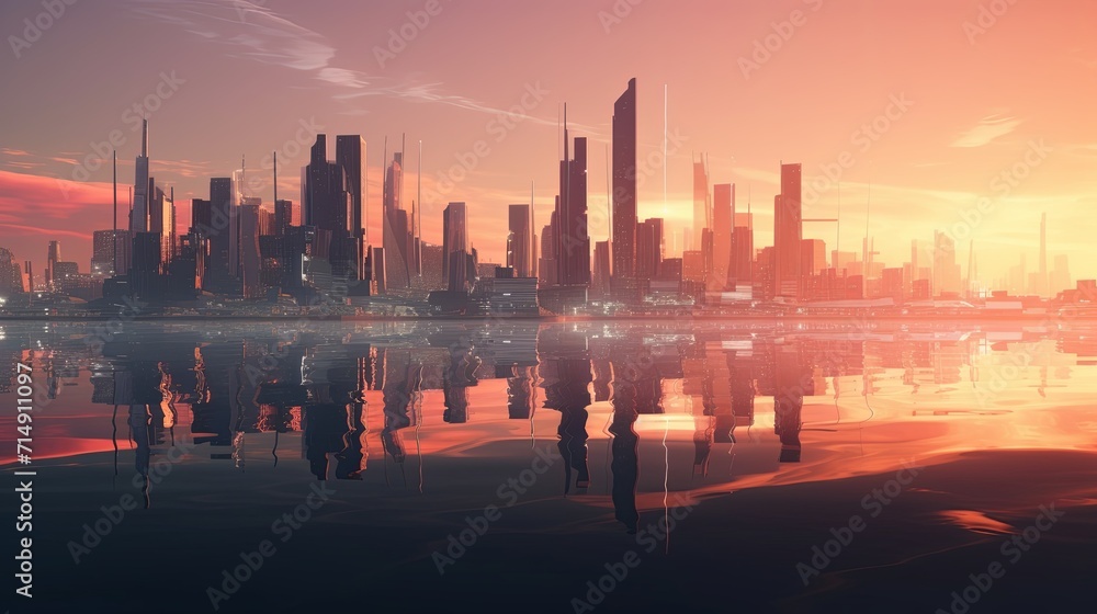 A picture of a city at sunset with a reflection in the water