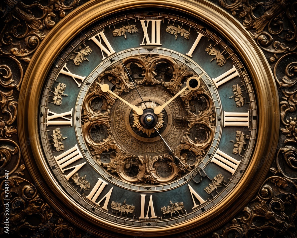 Vintage Old Style Analog Clock Face with Aged Hours and Hands in Antique Watch Time Concept