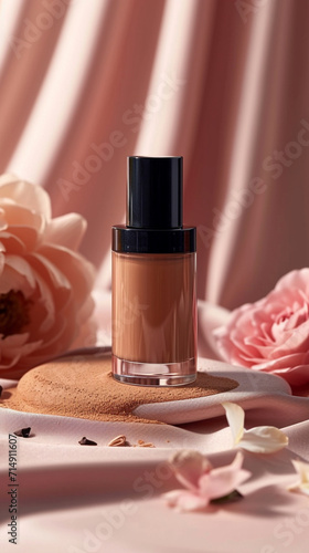 Bottle of makeup foundation in water background. AI Generative