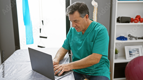 Middle-aged man in scrubs using laptop in a rehab clinic interior, implying healthcare professional at work.