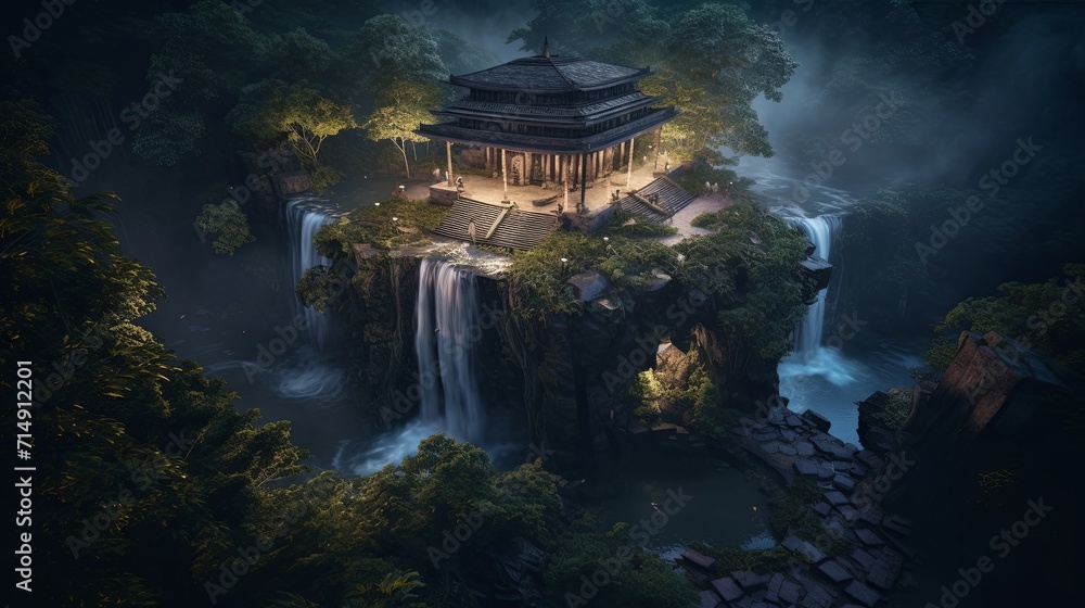 An aerial view of a waterfall and a pagoda