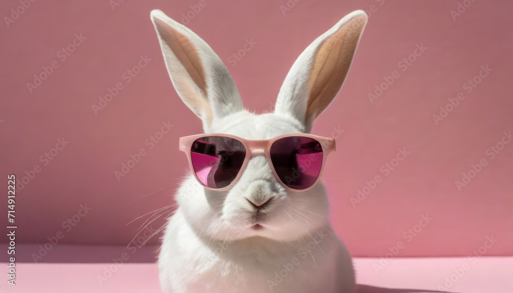 Fototapeta premium Fluffy white rabbit wearing sunglasses