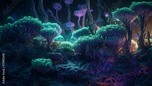 An underwater scene with many different types of corals