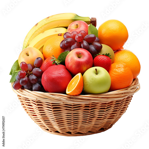 A basket of various fruits such as oranges  bananas  pineapple  grapes  kiwi  apples on a transparent background png