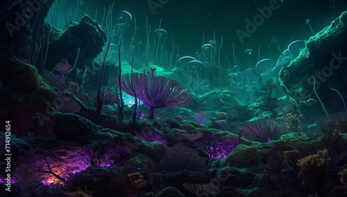 An underwater scene with plants and rocks