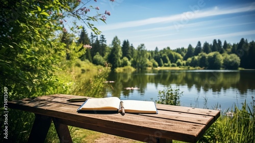 Peaceful outdoor setting with a simple notepad on a rustic bench, a pen ready to jot down nature's inspirations, with a lake view photo