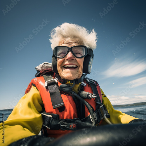 Senior woman dressed in a diving suit.