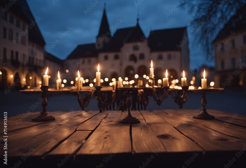 Christmas time Wooden table with candles in front of medieval Town Square in Christmas night Gothic