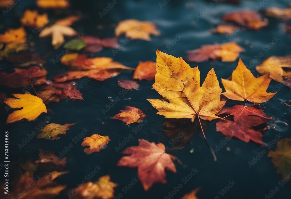 Colorful fall leaves in pond lake water floating autumn wet leaf Fall season leaves in rain puddle S Colorful fall leaves in pond lake water floating autumn wet leaf Fall season leaves in rain puddle S