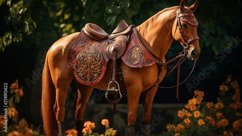 Majestic chestnut horse adorned with an ornate, hand-stitched leather saddle, ready for a medieval tournament photo