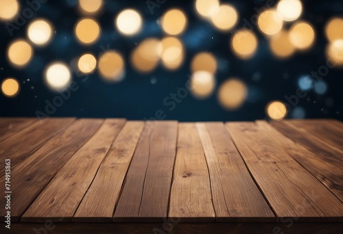 Empty Wood table top with decorative outdoor string lights at night time Empty wood table top with b photo
