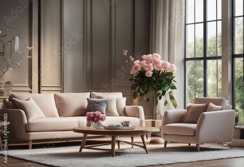 Modern living room design with sofa and furniture Blurred bright living room with sofa and flowers w