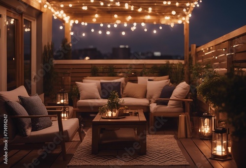 Roof terrace of a beautiful house with night-time view of the city View over cozy outdoor terrace wi © ArtisticLens