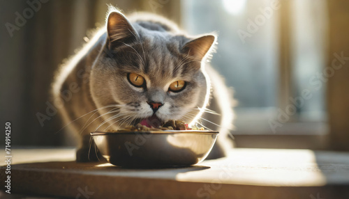 Hungry Grey Cat Enjoying a Meal in a Domestic Setting