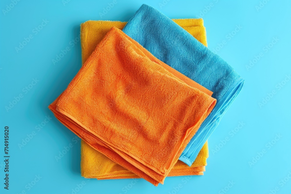 Closeup of heap of multicolored microfiber cleaning clothes on blue background. Household supplies. Spring cleaning, housework and hygiene concept. Minimalistic design for banner, poster