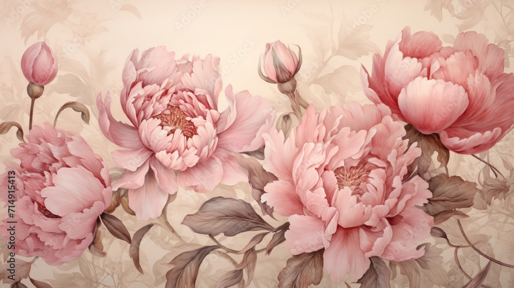 Vintage botanical illustration of peonies with detailed textures and deep blush tones set against an old parchment background