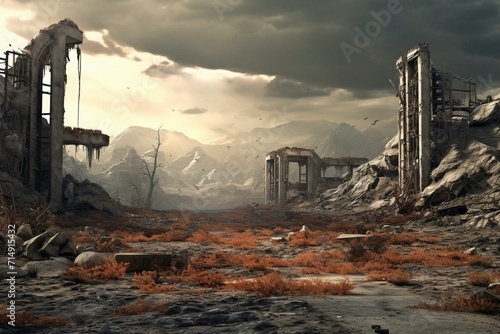 Abandoned remnants amidst barren post-apocalyptic terrain. Generative AI