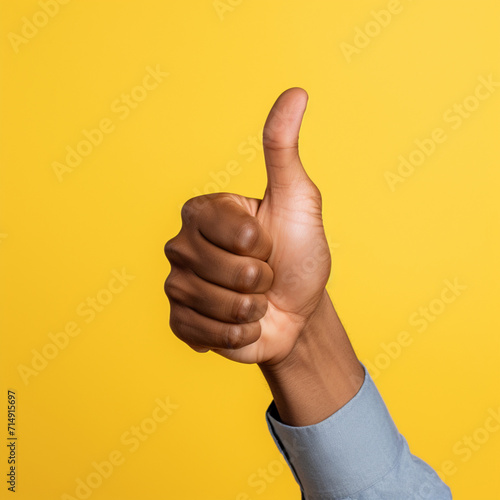 Hand with raised thumb on yellow background.