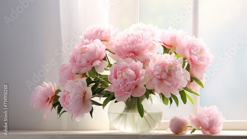 Delicate array of pink peonies in full bloom, with soft petals gently falling in a bright, airy space © deafebrisa
