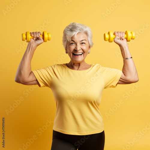Happy senior woman doing weights on a yellow background.