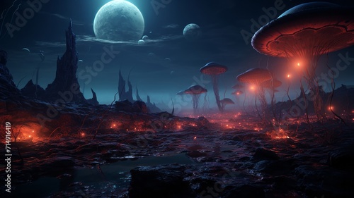 Desolate alien landscape with bioluminescent fungal growths emerging from an extraterrestrial soil, under a two-moon sky