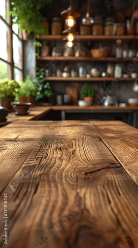 Blurred kitchen interior and wooden board place. AI generative