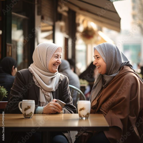 Senior muslim friends in a cafe. photo