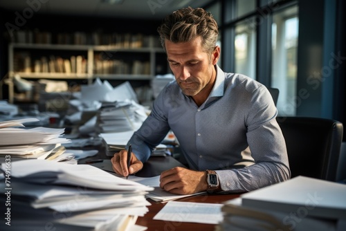 Dedicated Professional Working Late on Stacks of Paperwork in Office 