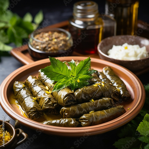 Turkish dolma. Grape leaves stuffed with cooked rice and meat. photo