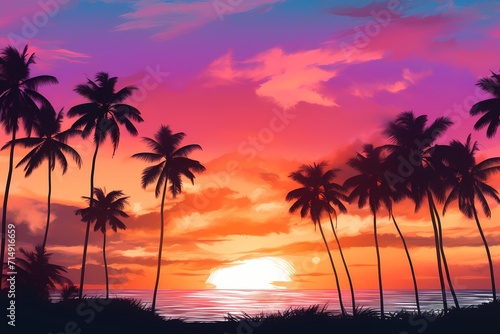 Tropical beach sunset with palm trees silhouetted against a gradient sky blending shades of orange  pink  and purple.