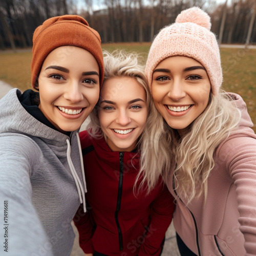 Selfie of female friends doing sports in the park.
