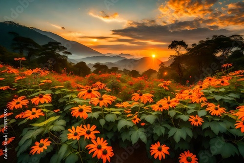 sunset over the flowering mountains