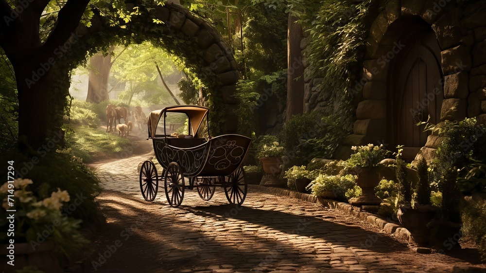 An antique baby carriage on a cobblestone path, under a canopy of lush green trees, evoking a nostalgic feel