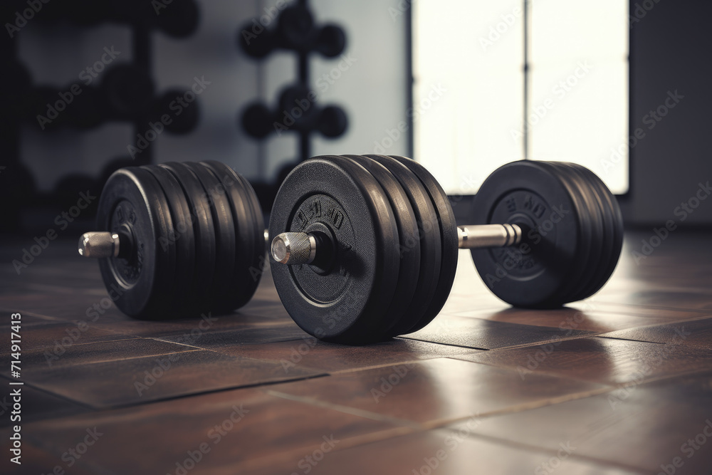 Highlighting essential gym equipment, this photo features dumbbells on the floor of a fitness club, ready for a weightlifting session. Highlighting essential gym equipment, this photo features dumbbells on the floor of a fitness club, ready for a weightlifting session.