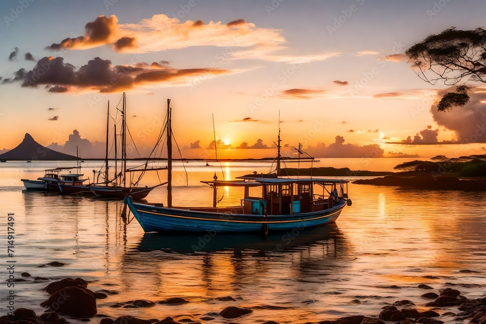 a boat at sea during sunset