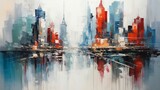 An abstract vertical city painting, with brush strokes of gray and white, highlighted by random splashes of vibrant colors