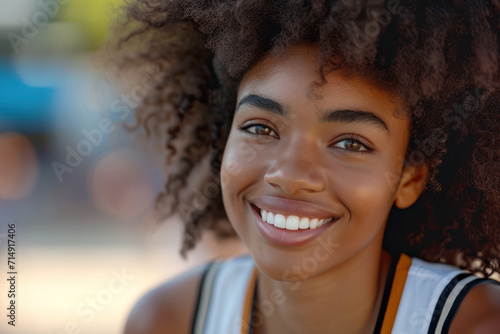 Afro woman wearing basketball player or supporter attribute uniform © Aris