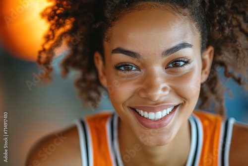 Afro woman wearing basketball player or supporter attribute uniform photo
