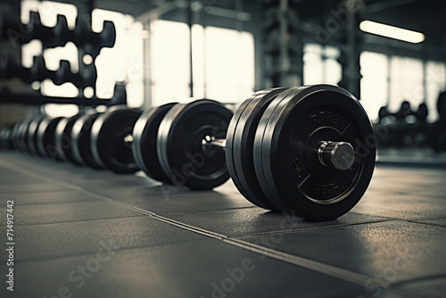 In the heart of the fitness club, a close-up view of dumbbells on a rubber floor, representing the commitment to physical fitness and strength.