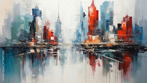 An abstract vertical city painting, with brush strokes of gray and white, highlighted by random splashes of vibrant colors photo