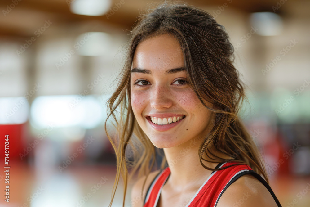 Brunette woman wearing basketball player or supporter attribute uniform Brunette woman wearing basketball player or supporter attribute uniform