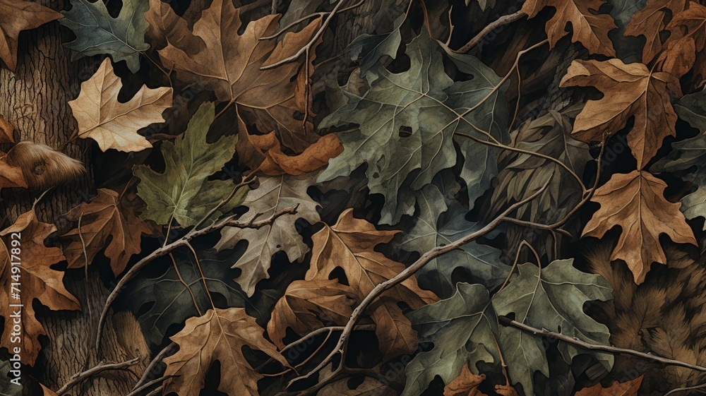 Close-up of a camouflage pattern with photorealistic forest textures, deep greens and browns, and a hint of morning dew