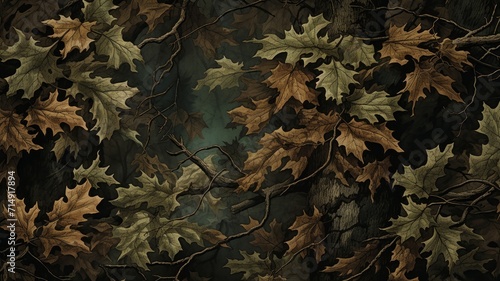 Close-up of a camouflage pattern with photorealistic forest textures, deep greens and browns, and a hint of morning dew