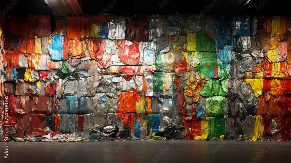 Fototapeta premium An industrial recycling facility with mountains of colorful crushed cans under harsh fluorescent lighting