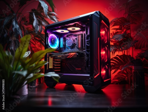 Gaming PC sitting on desktop with RGB lighting in the 